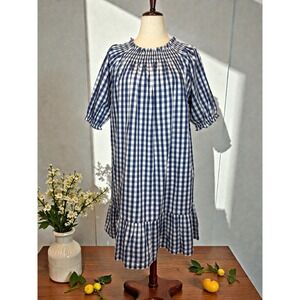 LAKE Veranda Gingham Puff Sleeve Midi Dress Large Smocked Blue White Ruffle Hem